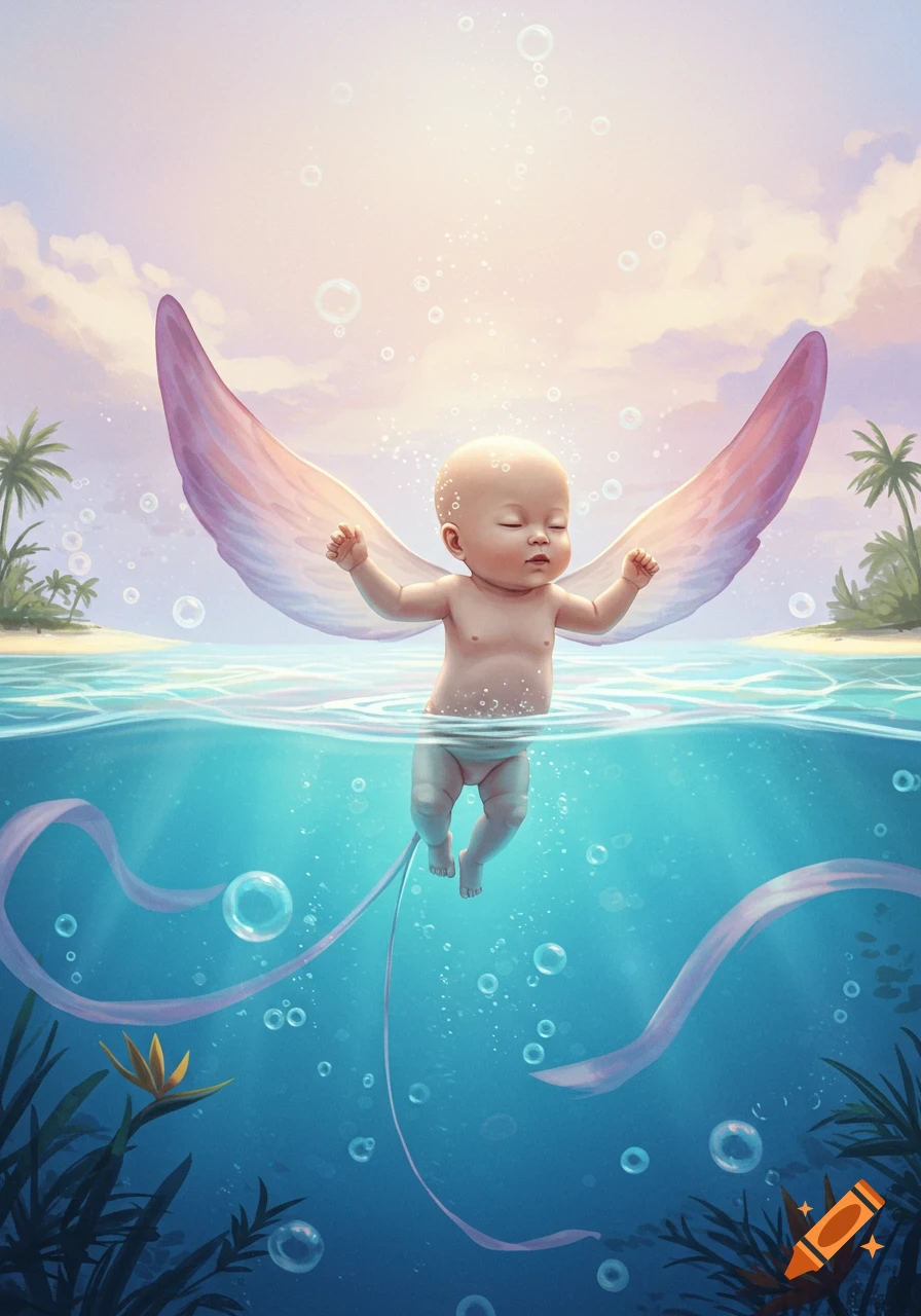 A baby with large translucent wings floats in clear blue water with tropical islands in the background, surrounded by bubbles.