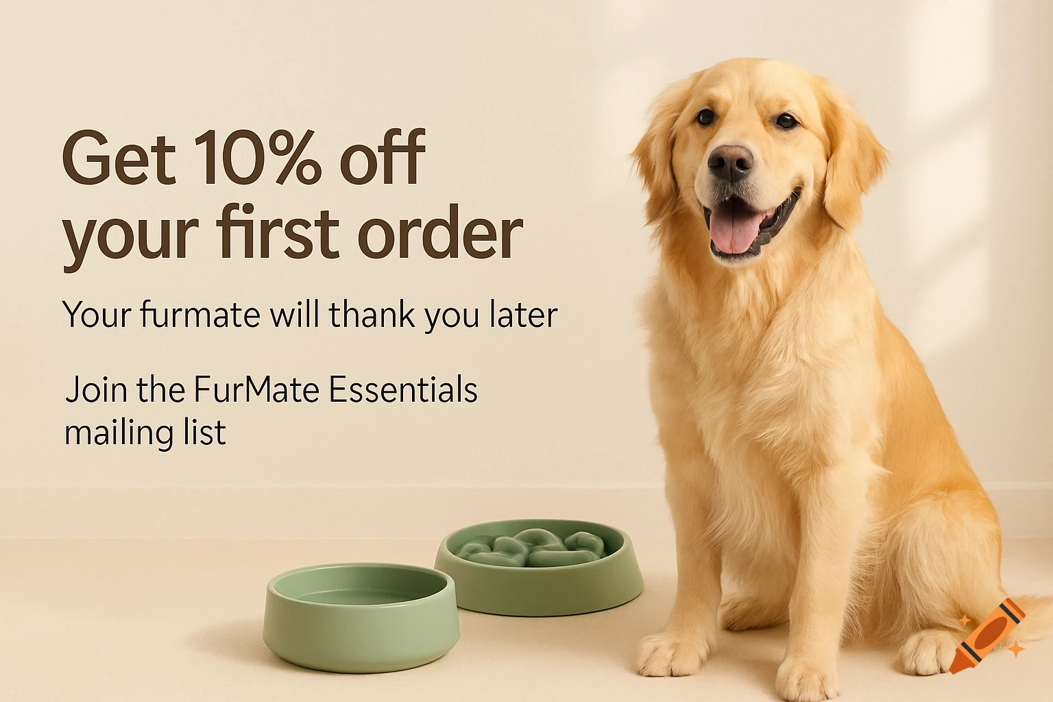 A happy golden retriever sits next to sage green pet bowls on a light background, with advertising text on the left.