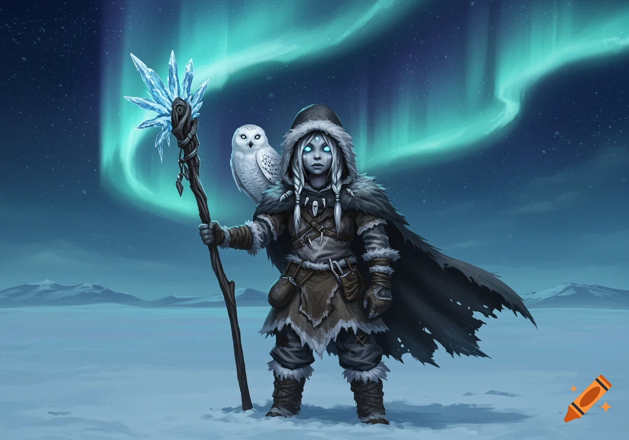 A fantasy character, a pale woman with glowing eyes and an owl, stands in a snowy landscape under the aurora borealis, holding a crystal staff.
