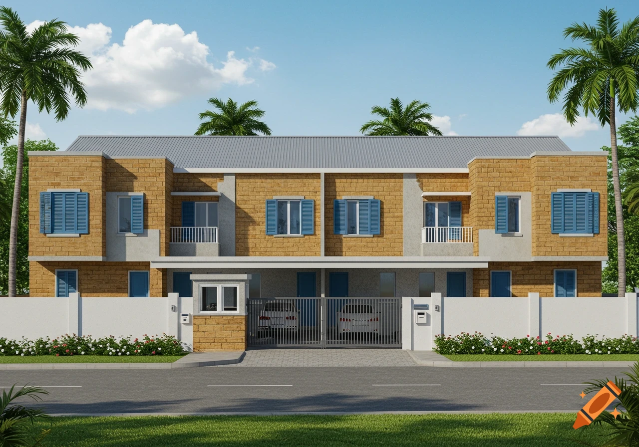 Photorealistic image of a gated residence with two-story ochre-colored duplexes, blue shutters, a grey roof, palm trees, and a white wall.