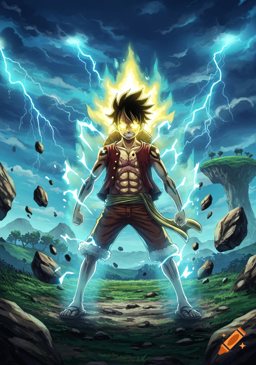 Anime character resembling Monkey D. Luffy as a Super Saiyan, glowing yellow with lightning in a stormy landscape with floating rocks.