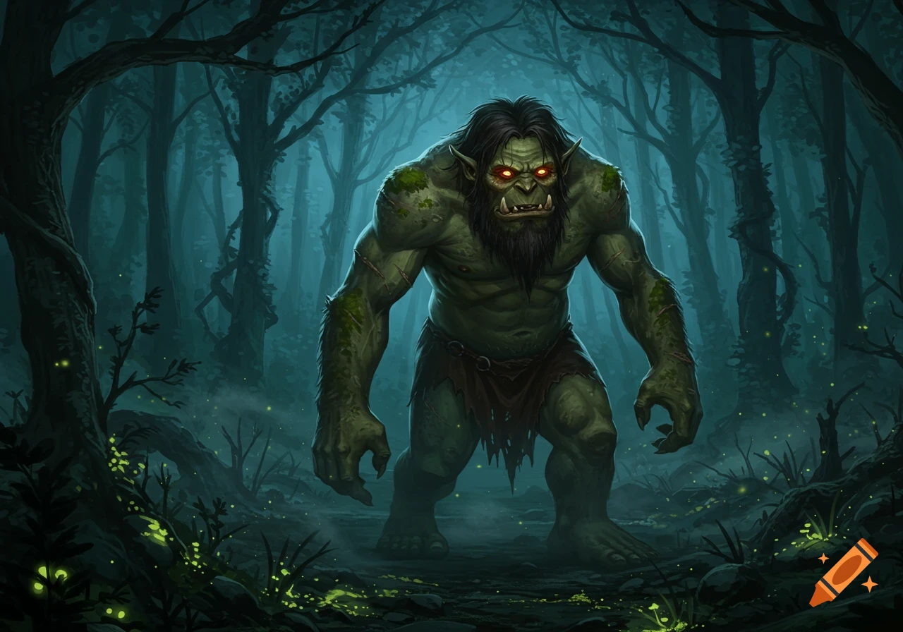 A large green troll with glowing red eyes and a beard stands in a dark, misty forest with glowing plants.