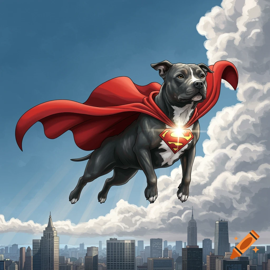 A heroic, dark gray pit bull dog with a white chest and red superhero cape featuring a glowing S emblem flies over a modern city skyline in a cartoon style.