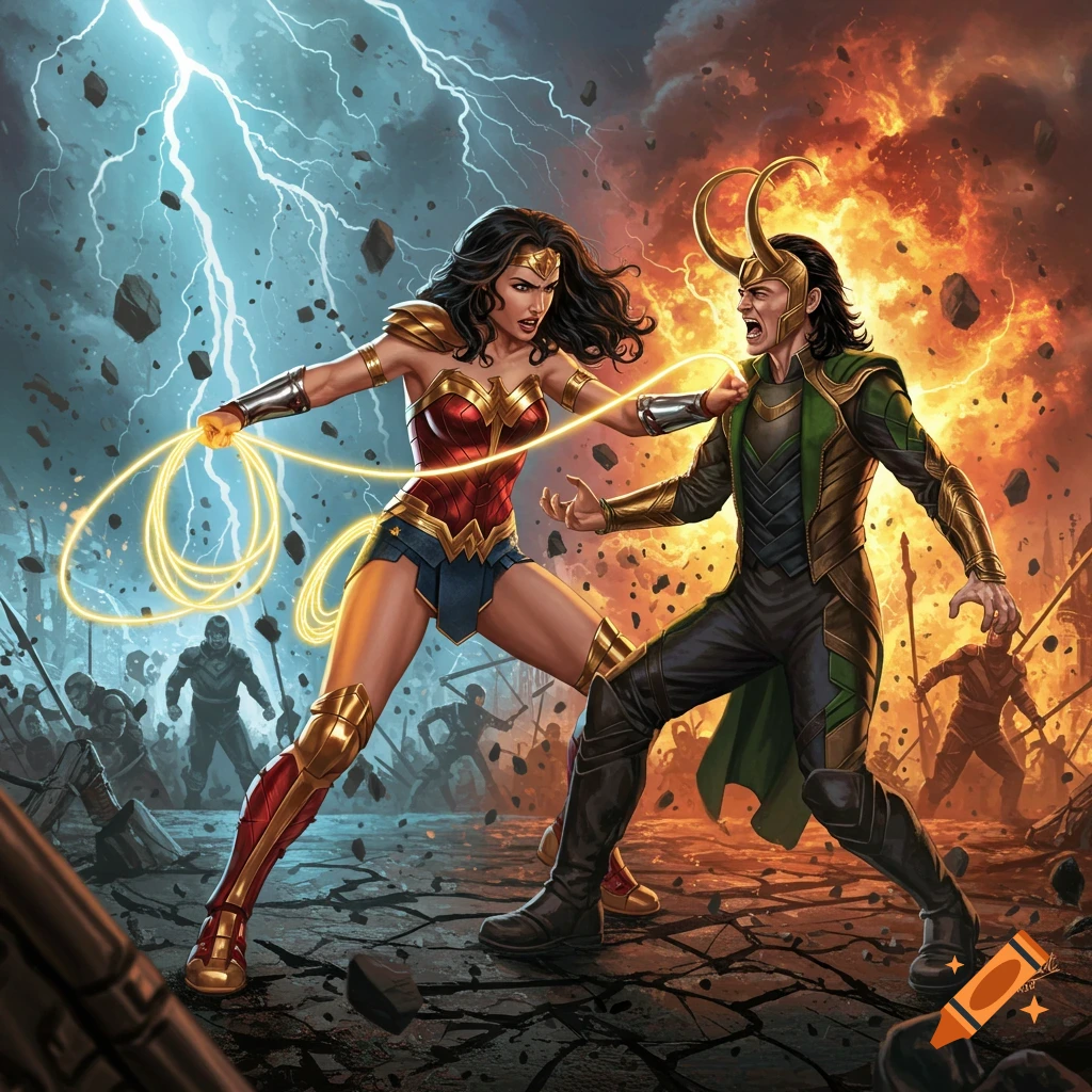 Wonder Woman battles Loki on a chaotic battlefield, capturing him with her Lasso of Truth in detailed comic art style.