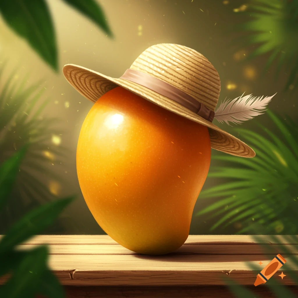A photorealistic mango wearing a straw hat with a feather, resting on a wooden surface against a blurred green tropical background.