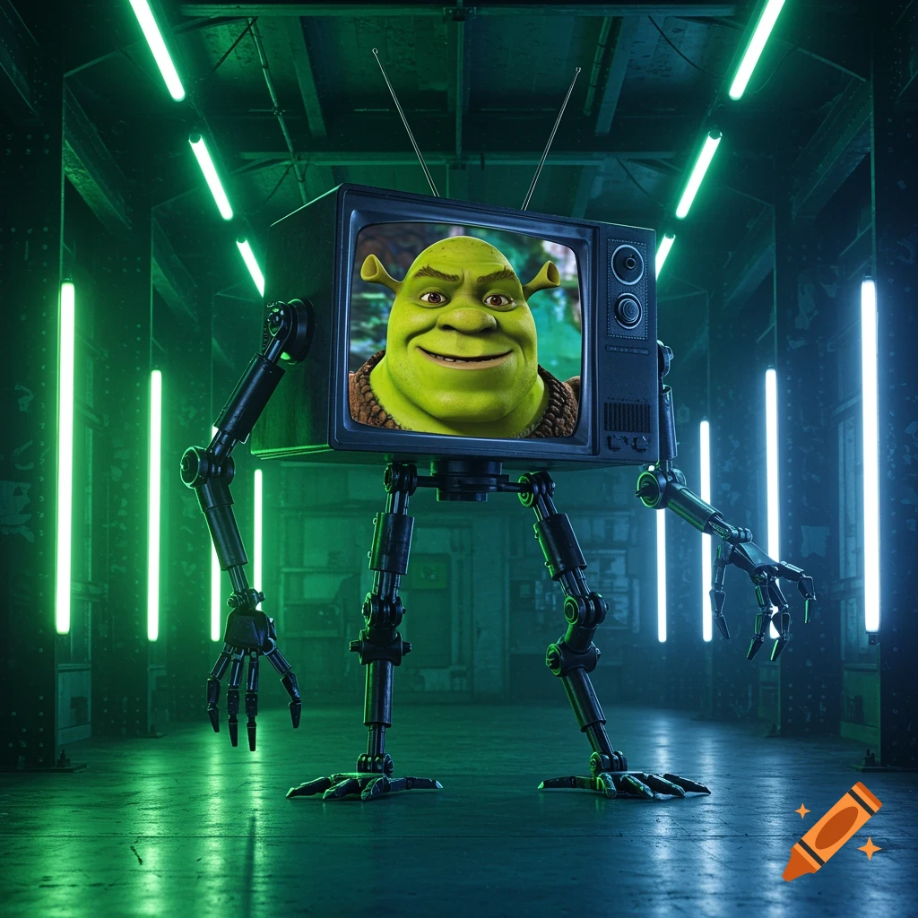 A robot with a vintage TV for a head displaying Shrek's face, standing in a dark, green neon-lit room.