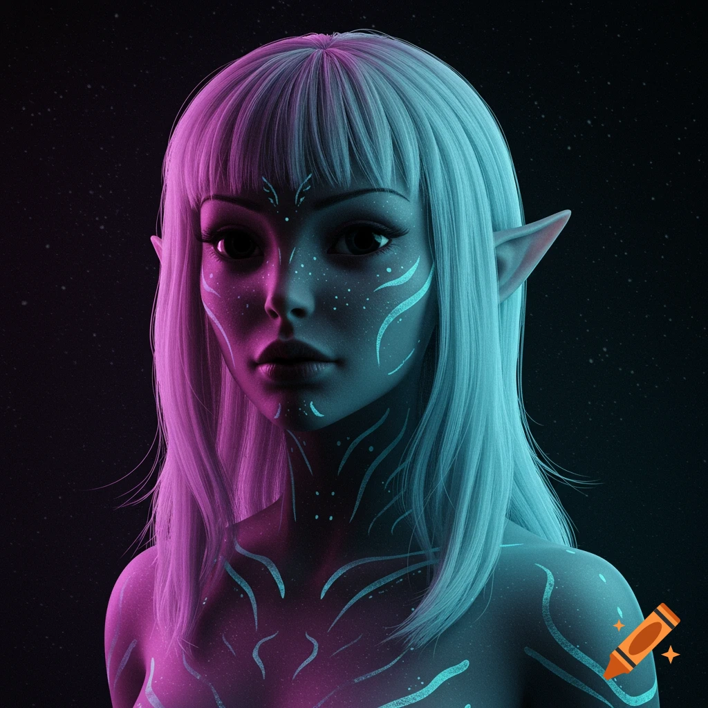 Close-up of an alien girl with pale skin, blue and pink glowing patterns, light hair, and pointed ears, against a dark starry background.