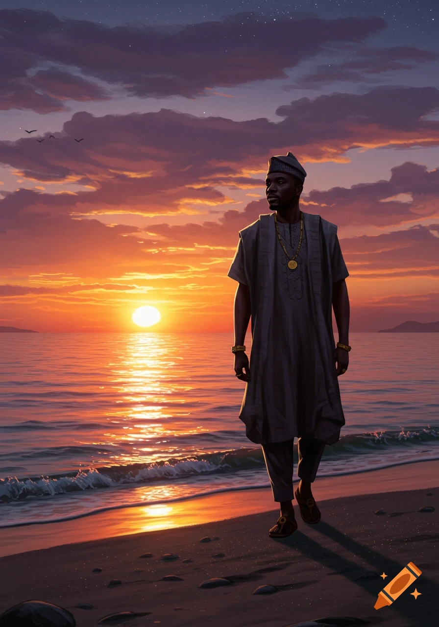 A man in traditional attire walks along a beach at sunset, looking out at the ocean.
