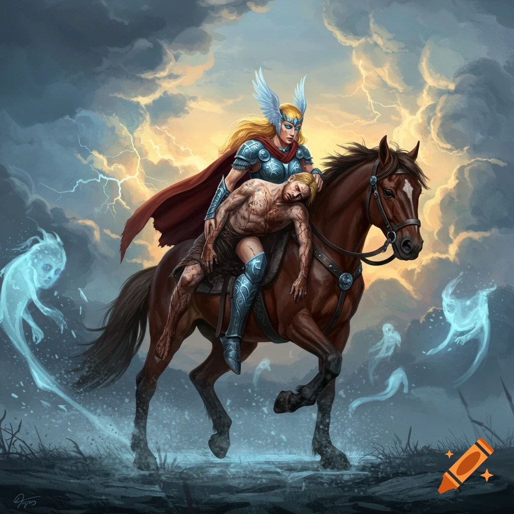 A valkyrie in armor and winged helmet rides a horse through a stormy landscape, carrying a limp, bloodied man across the saddle. Spirits float nearby.