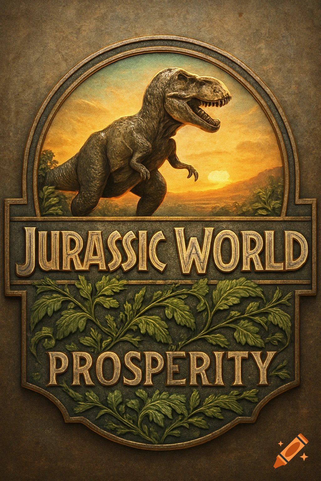 Ornate Jurassic World Prosperity logo featuring a T-Rex at sunset above the title in metallic letters and foliage.