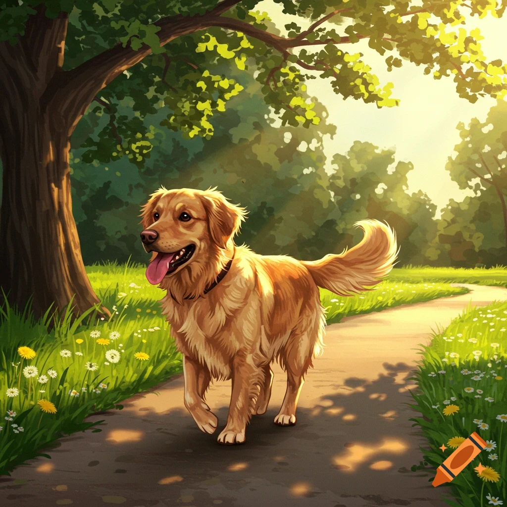 An illustrated Golden Retriever dog walking on a sunny park path lined with green grass and wildflowers under a large tree.