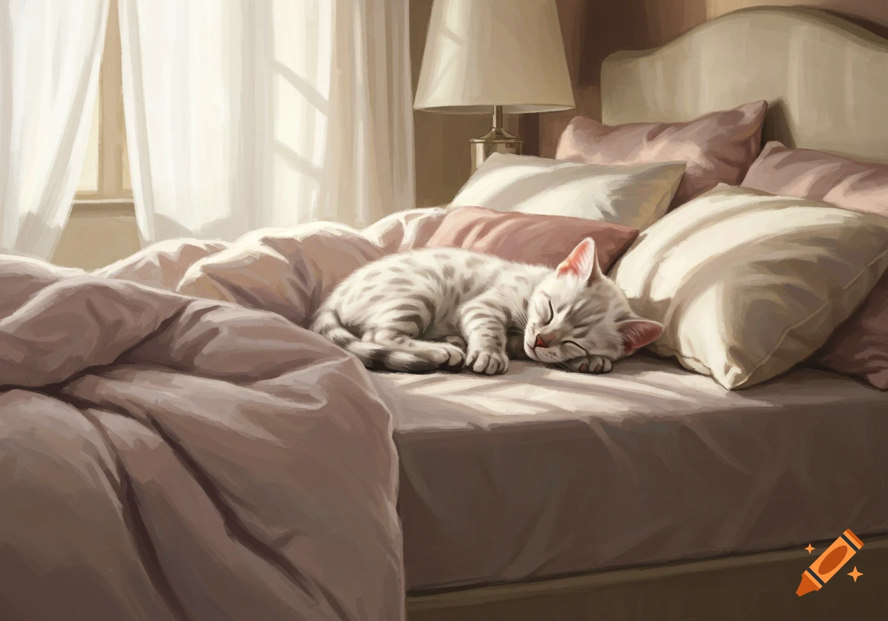 A white Bengal kitten sleeps peacefully on a bed bathed in sunlight.
