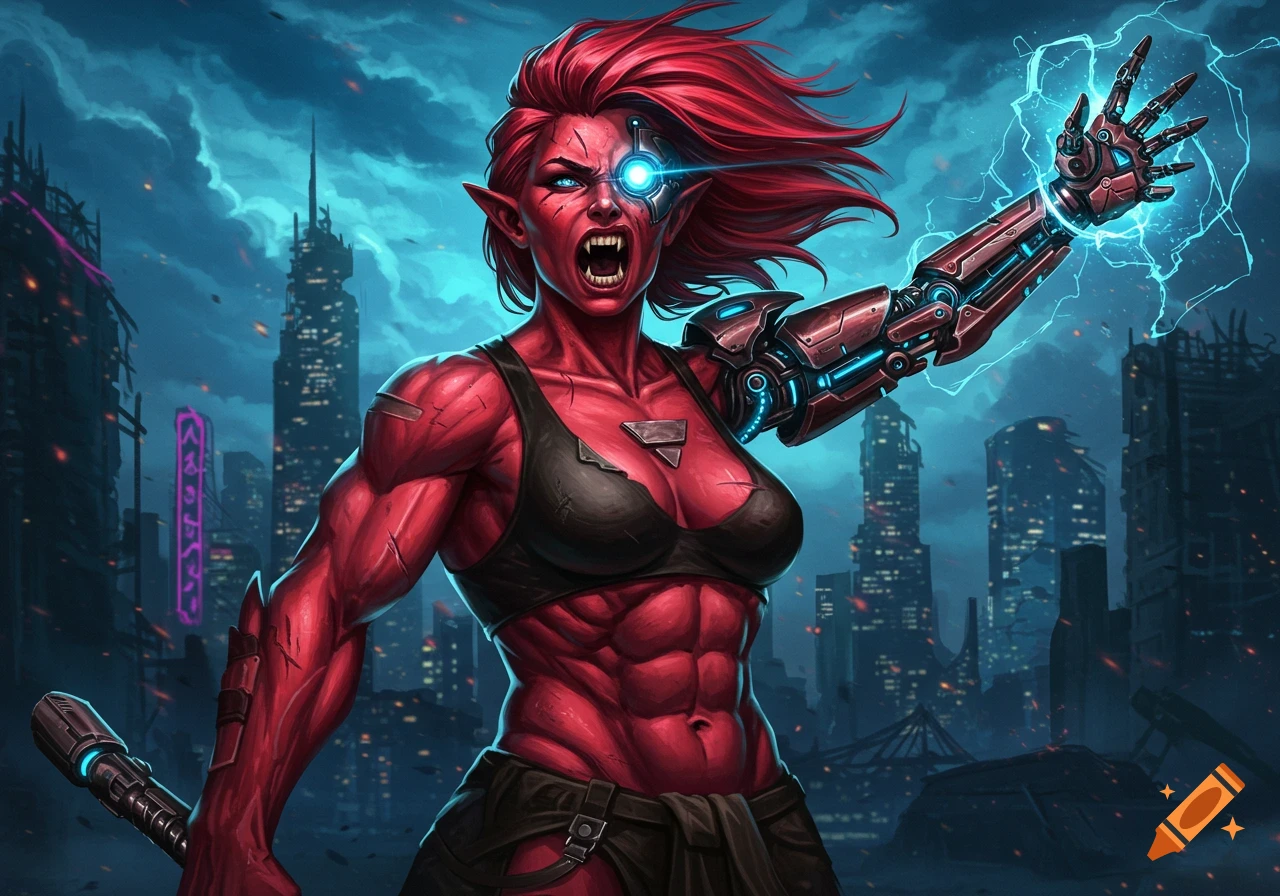 A muscular red-skinned female humanoid monster with sharp teeth and cybernetic arm and eye stands against a cyberpunk city background.