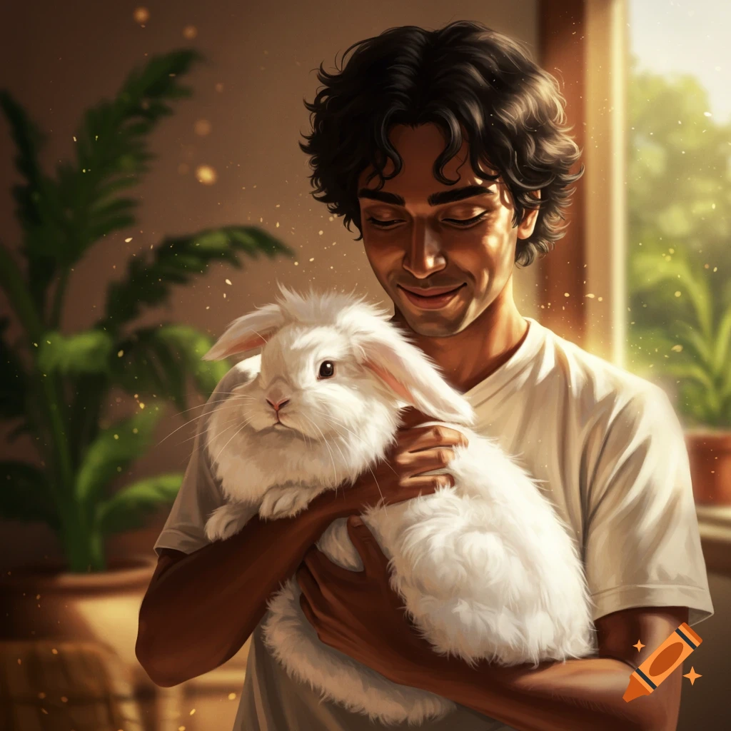 A smiling young man with dark curly hair holds a fluffy white rabbit in a sunlit room.