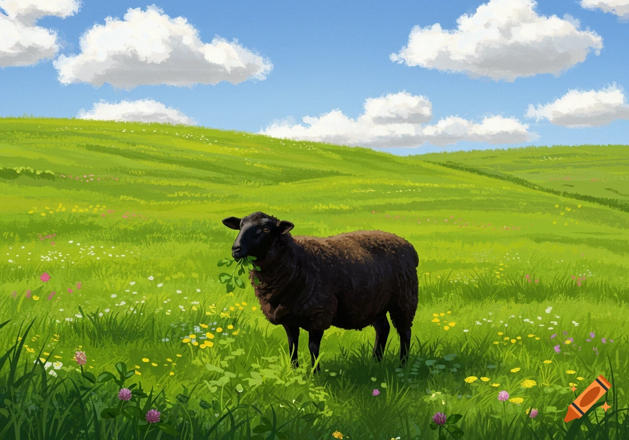 A black sheep stands in a vibrant green field filled with wildflowers under a blue sky with white clouds, chewing on leaves.