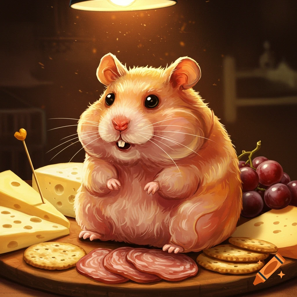 A cute, fluffy hamster sits on a wooden board with cheese, grapes, crackers, and deli meat slices, illuminated by a warm light.