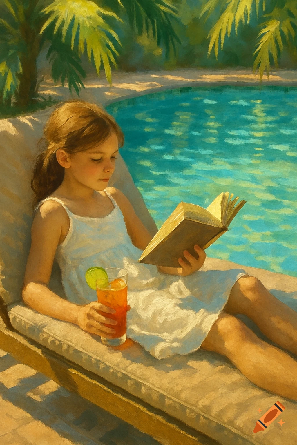 An oil painting of a young girl reading a book and holding a drink while lounging by a swimming pool under palm trees.