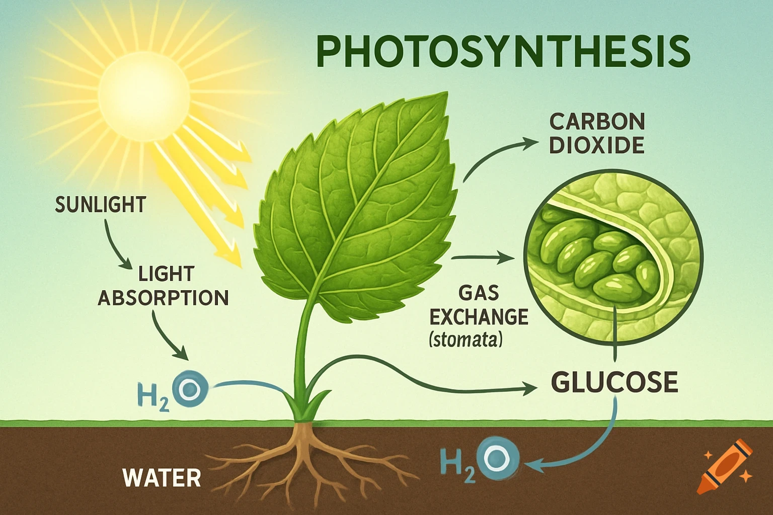 Educational diagram illustrating the process of photosynthesis in a plant, showing sunlight, water, carbon dioxide, gas exchange, and glucose.