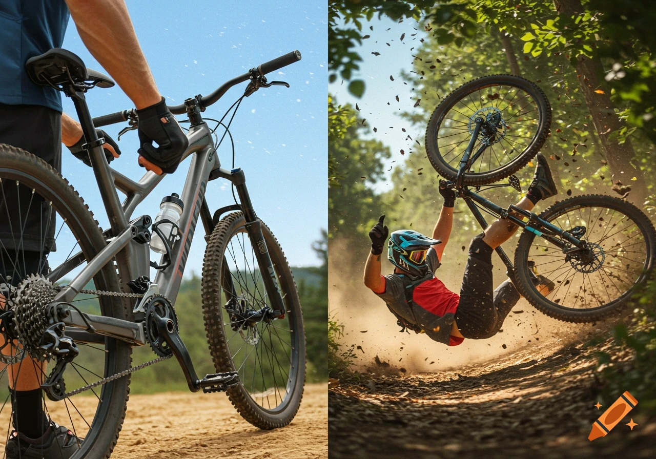 A split image shows a person adjusting a mountain bike on the left, and on the right, the same person falling off the bike in a cloud of dust and leaves.