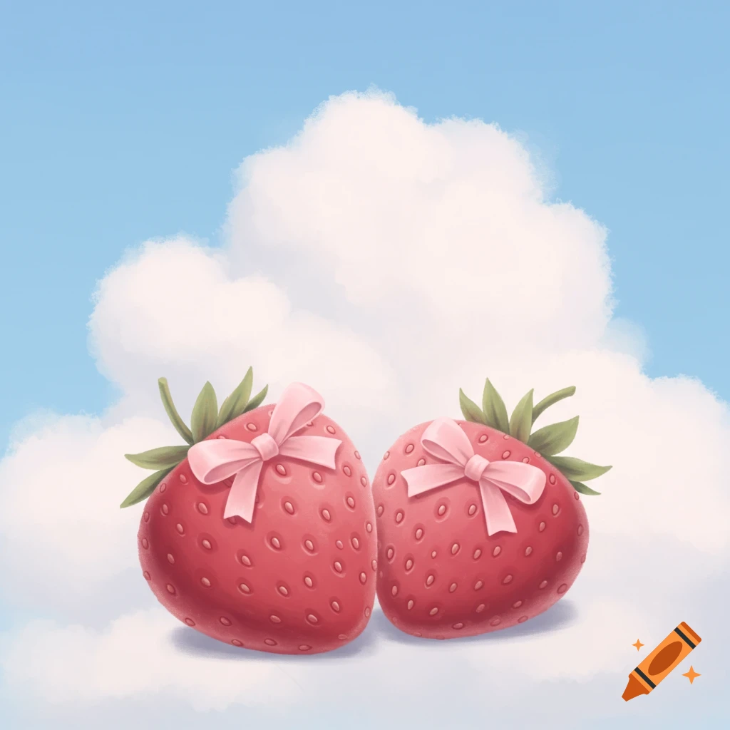 Two pastel red strawberries with pink bows float on a white cloud against a blue sky, in a whimsical illustration style.