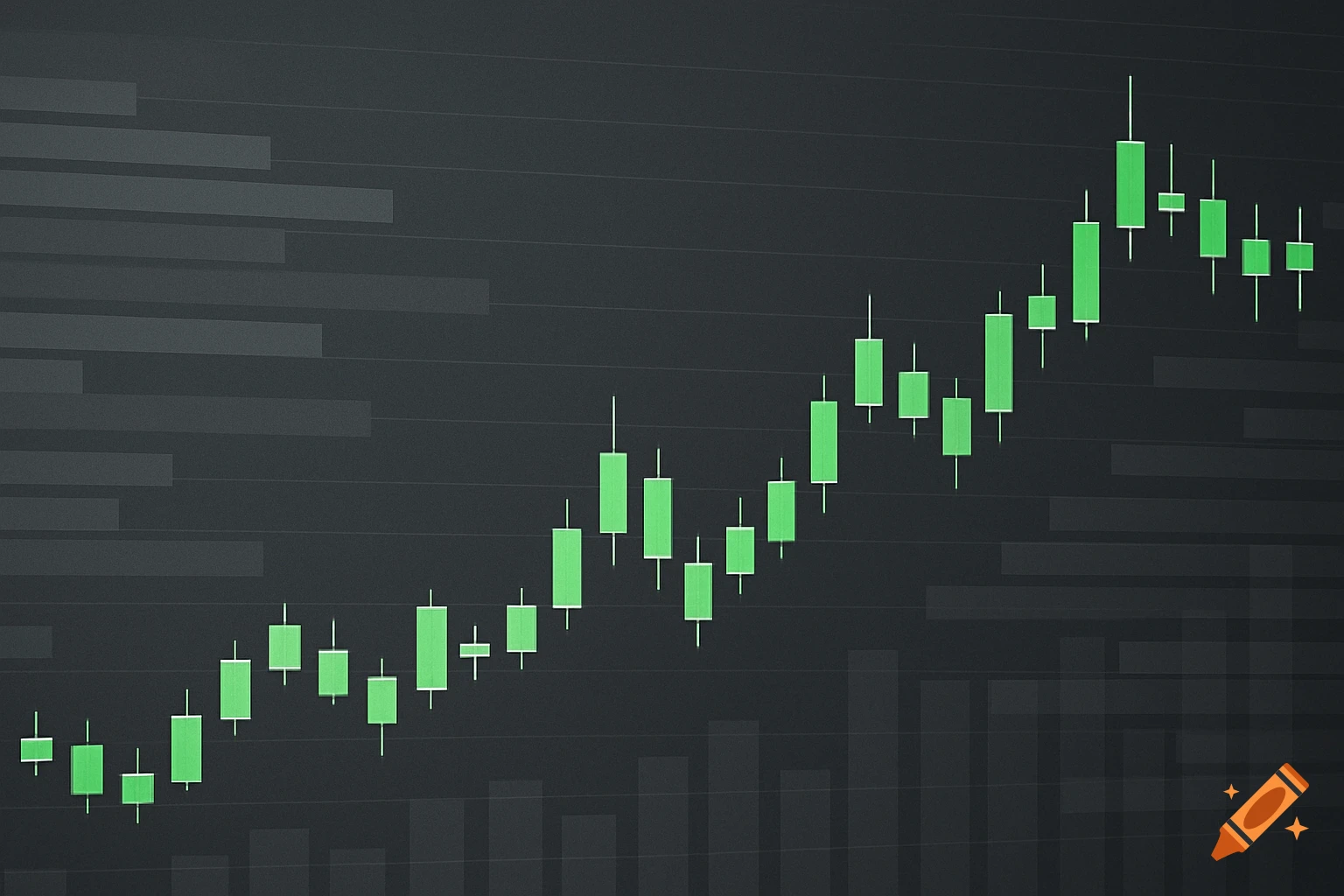A green candlestick stock chart showing an upward trend on a dark grey background with faint grey background bars.