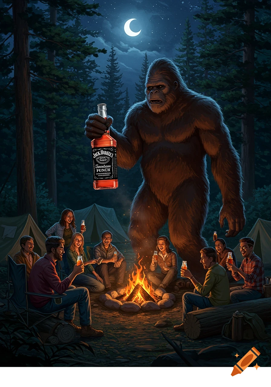 Bigfoot holds a Jack Daniel's bottle while campers sit around a campfire in a moonlit forest.