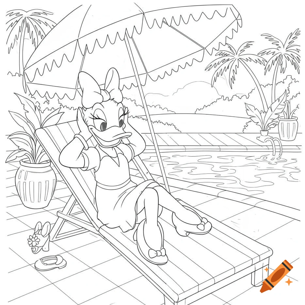 A line art coloring page of Daisy Duck relaxing on a lounge chair by a pool under a large umbrella.