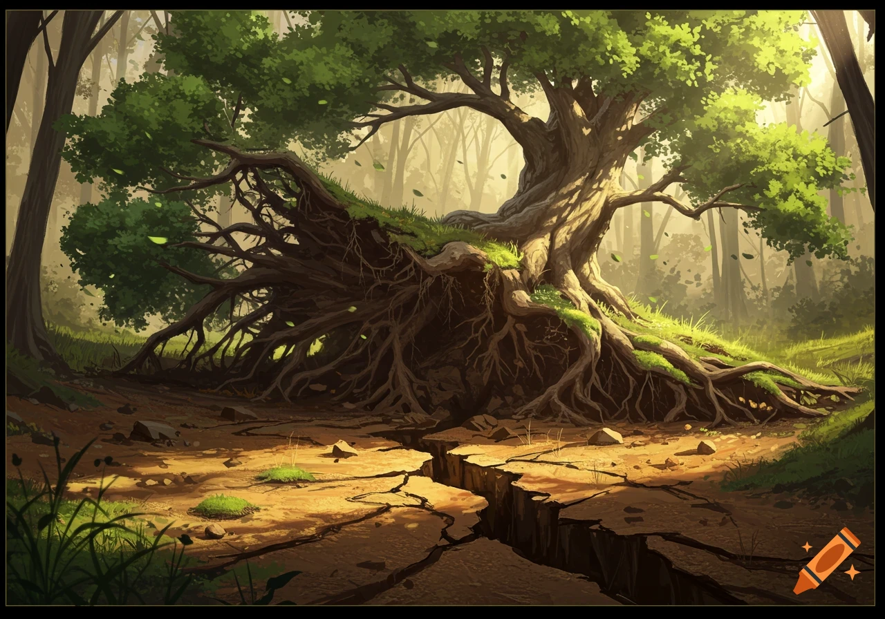 A large, ancient tree with massive exposed roots and green foliage standing in a sunlit forest with cracked, dry earth in the foreground. Stylized digital painting.
