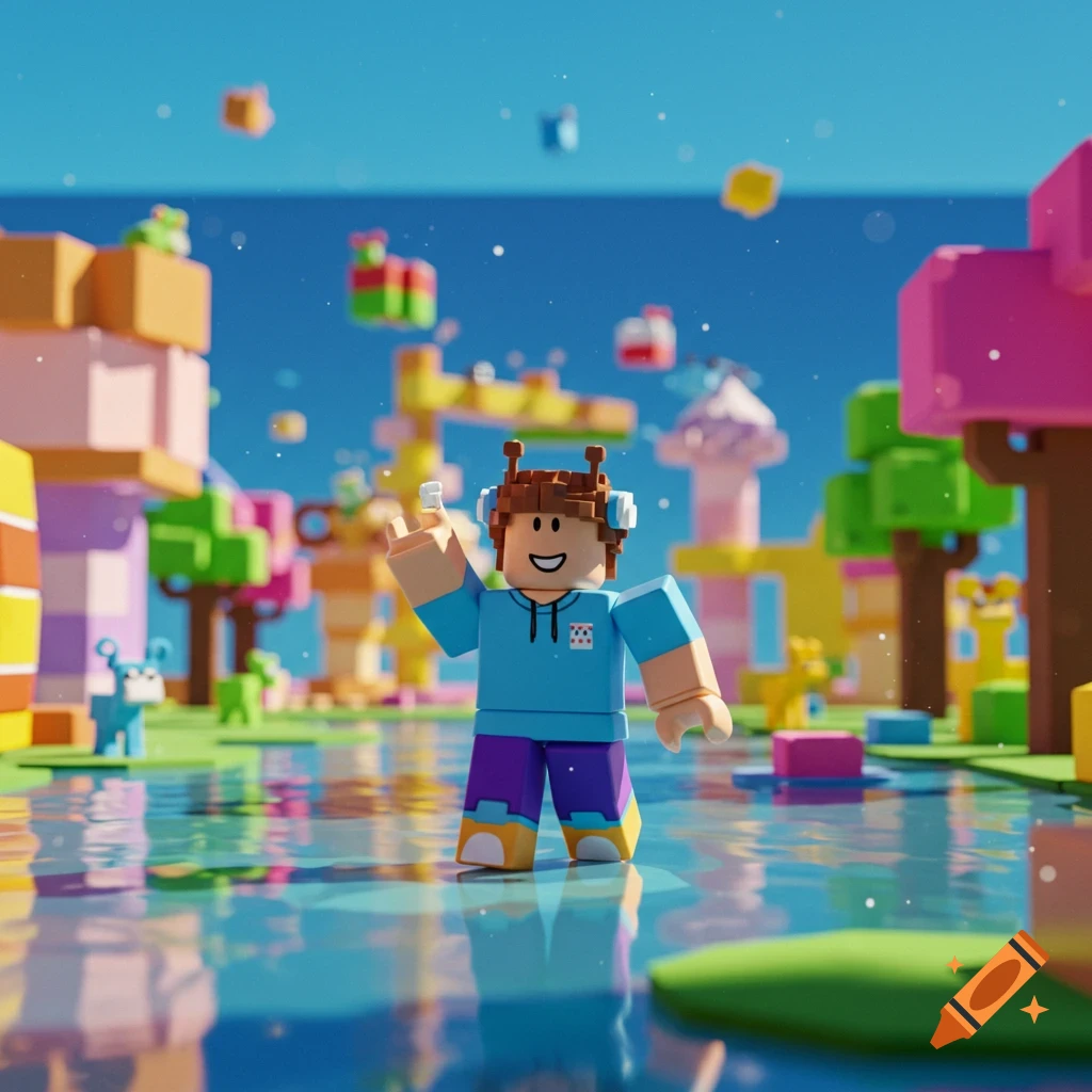 A blocky Roblox character in a blue hoodie stands in water amidst a colorful, blocky gaming world.