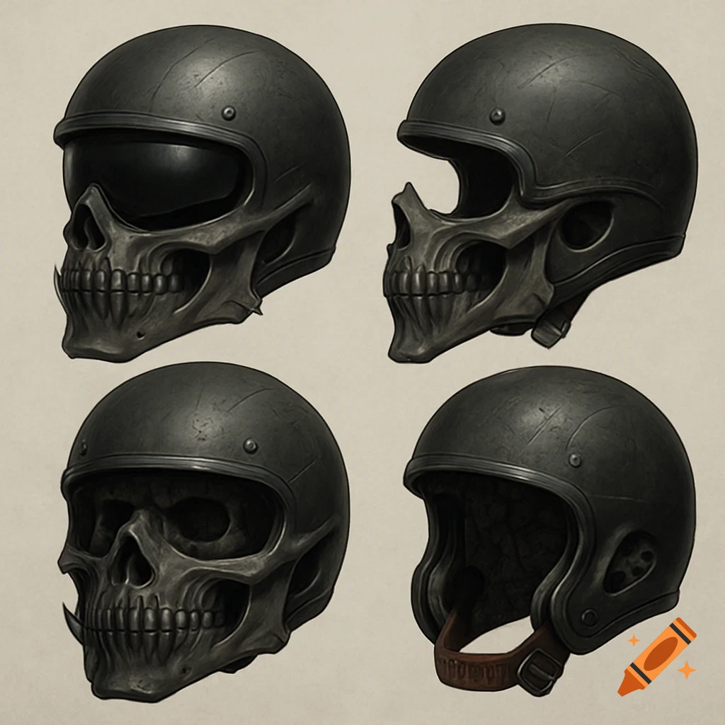 Four dark grey motorcycle helmets designed with skull-like lower jaws and teeth, displayed from various angles with a matte, distressed finish.