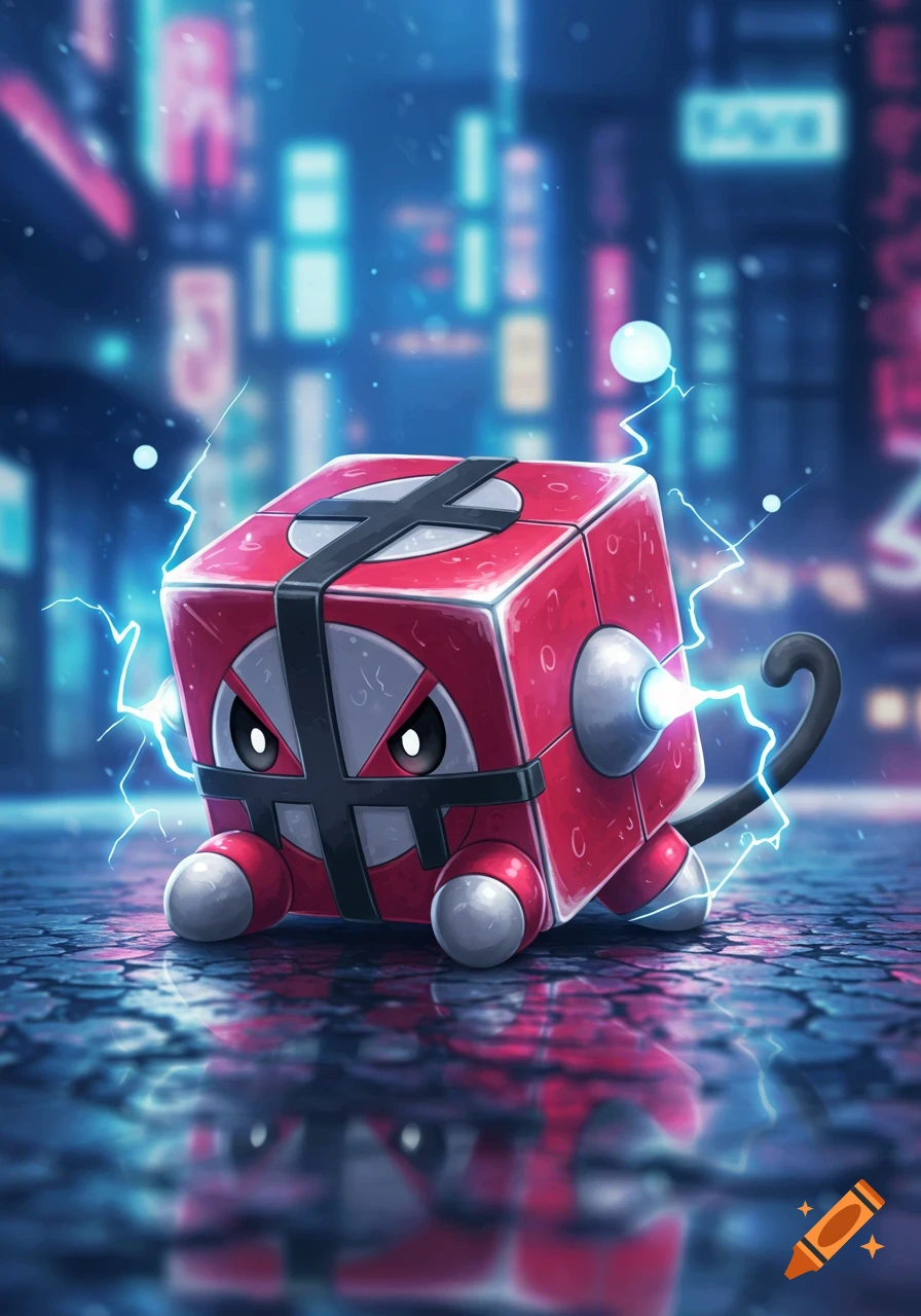 A red and gray cube-shaped creature resembling Electrode, sparking with electricity on a wet street at night in a neon city. Digital art.