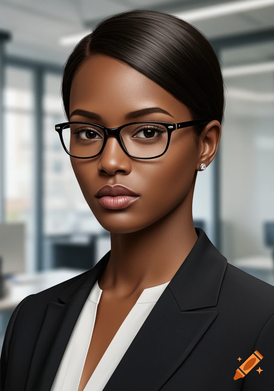 Photorealistic portrait of a serious African American woman with glasses, wearing a black blazer and white shirt, against a blurred office background.