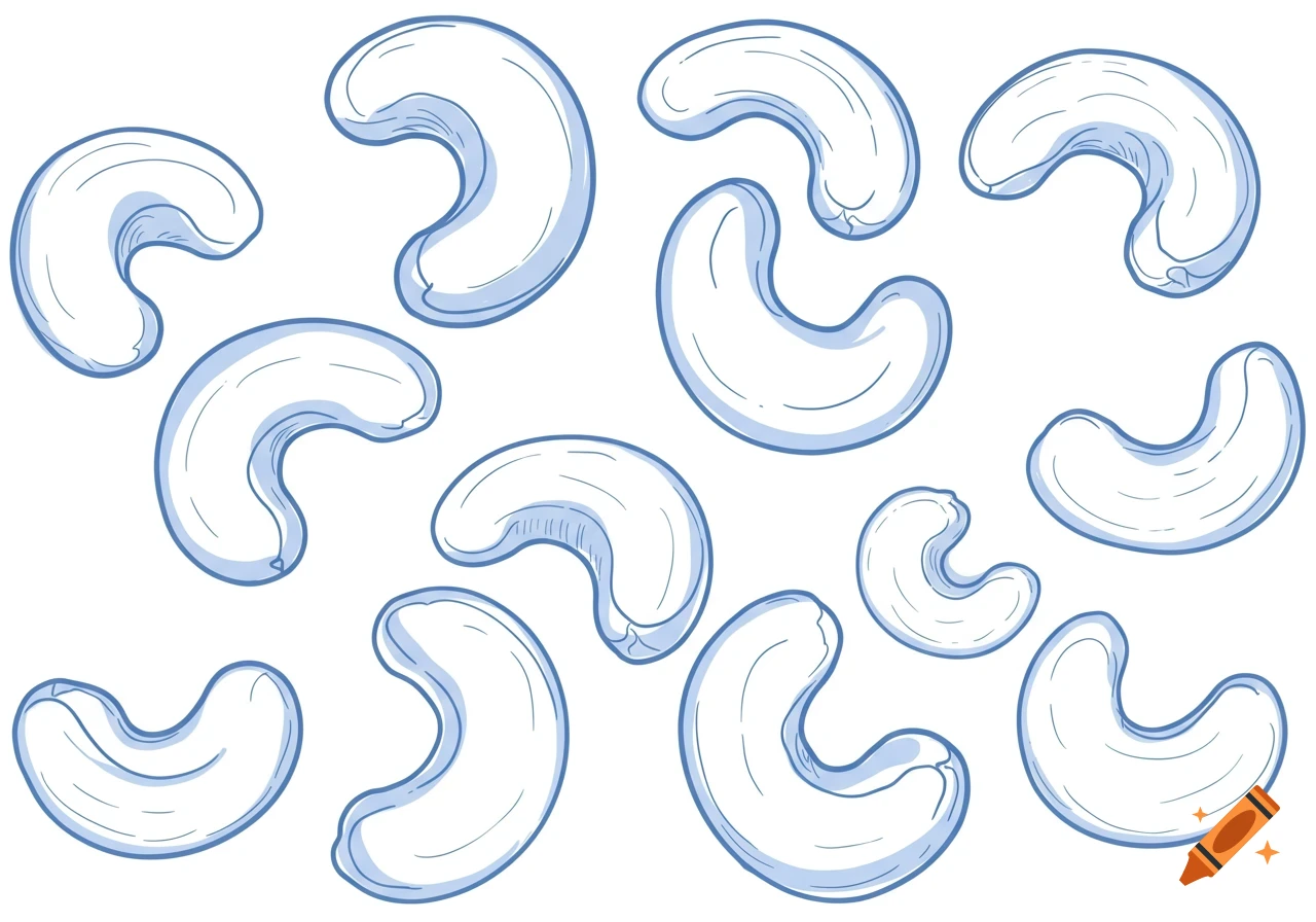 An outline drawing of multiple blue cashew nuts scattered across a white background.