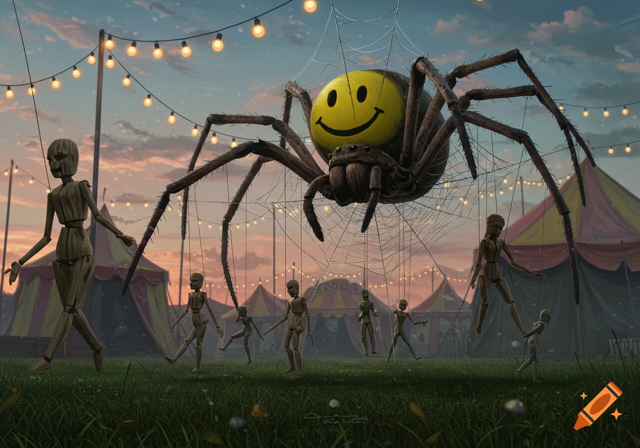 A giant spider with a smiley face on its back hangs by a web, controlling wooden puppets below at a dusk carnival.