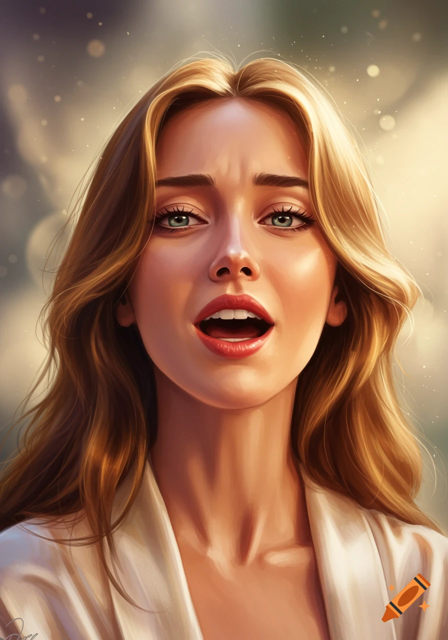 Close-up digital painting of a young woman with long blonde hair, green eyes, and an open mouth, looking up.