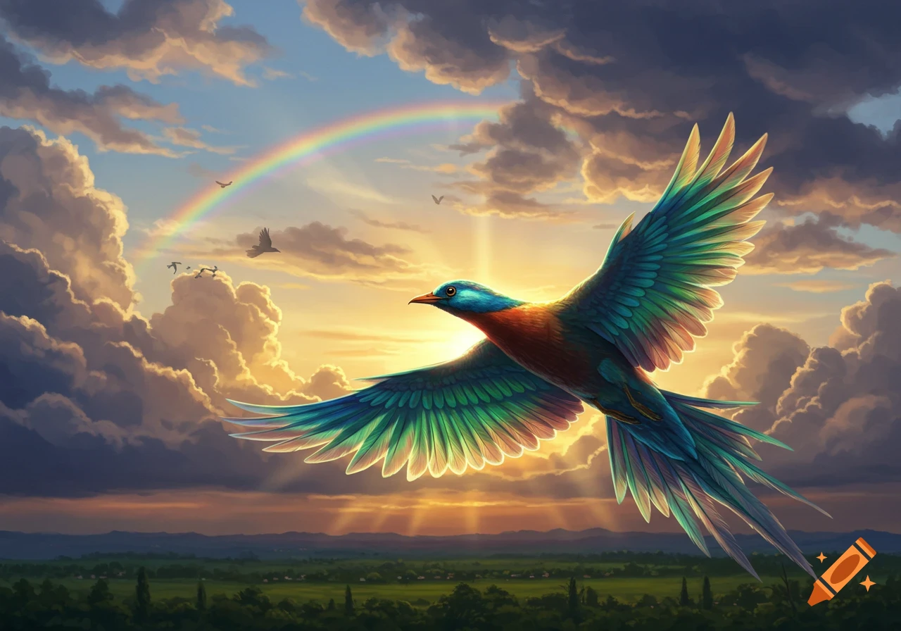 A colorful bird with blue and green feathers flies in a vibrant sunset sky with clouds, a rainbow, and a green landscape below, in a digital painting.