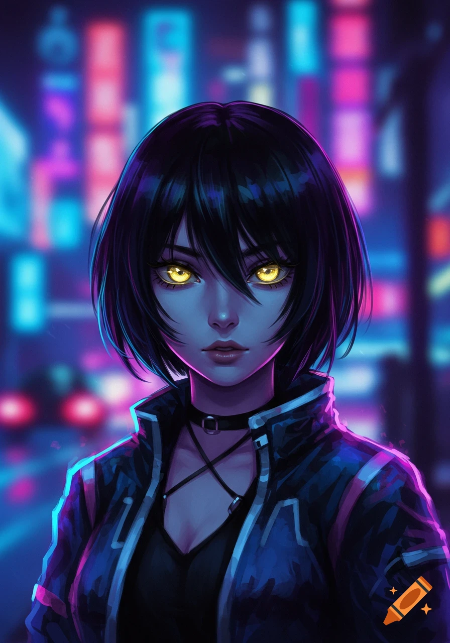 Anime portrait of a girl with short black hair and glowing yellow eyes in a neon-lit city street.