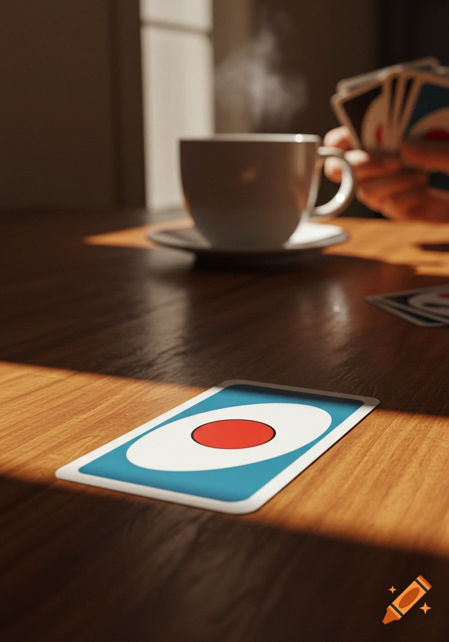A steaming coffee cup and a person holding playing cards, with a blue card featuring a red circle on a wooden table in sunlight.