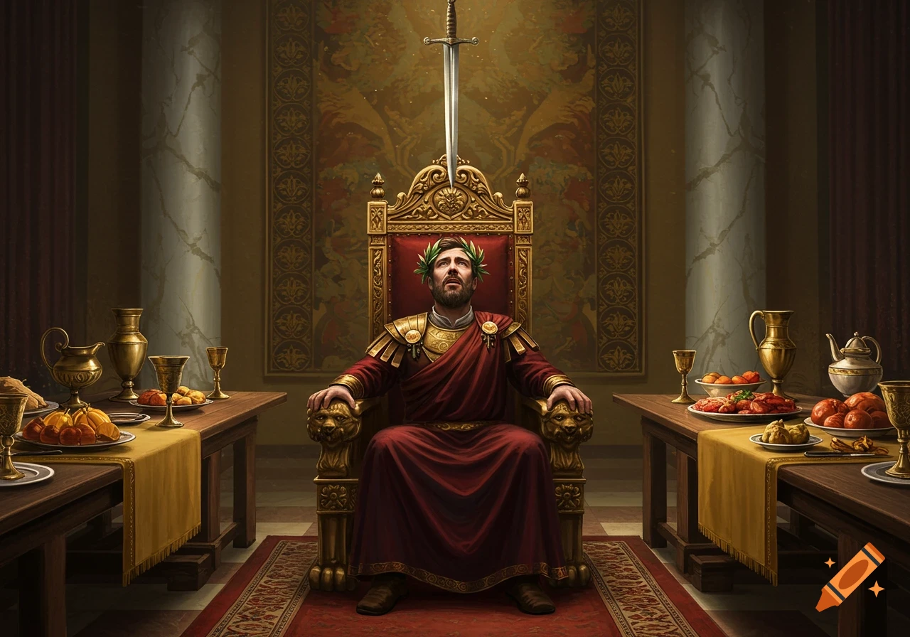 A man in red robes and a laurel wreath sits on a golden throne, looking up in fear at a sword hanging by a thread above his head. Tables laden with food flank him in a grand, richly decorated room.