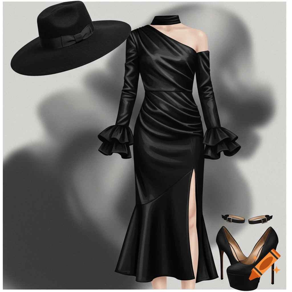 A stylish black one-shoulder satin mermaid dress with a thigh-high slit, a wide-brimmed black fedora, and black platform high heels.