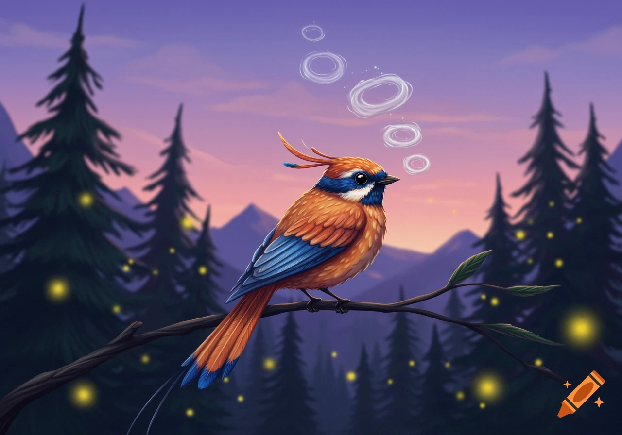 A stylized orange and blue bird perches on a branch, emitting white rings, against a purple and orange sunset over a forest.