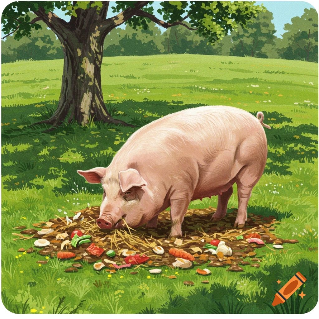 A pink pig eats from a pile of slop under a large tree in a green field, illustration.