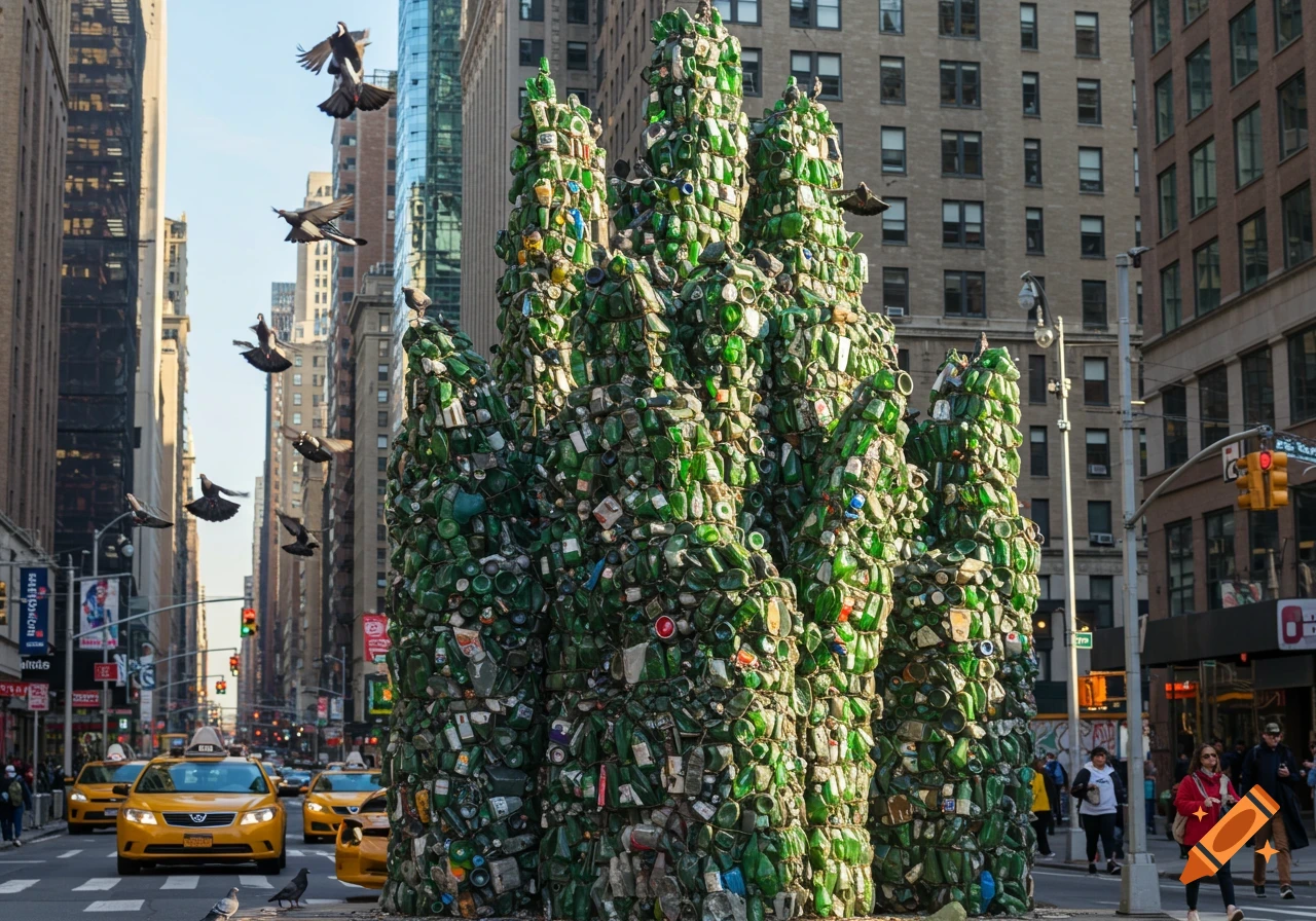 A towering sculpture made of green and clear plastic bottles stands in a busy city street, with pigeons flying around and yellow taxis on the road.