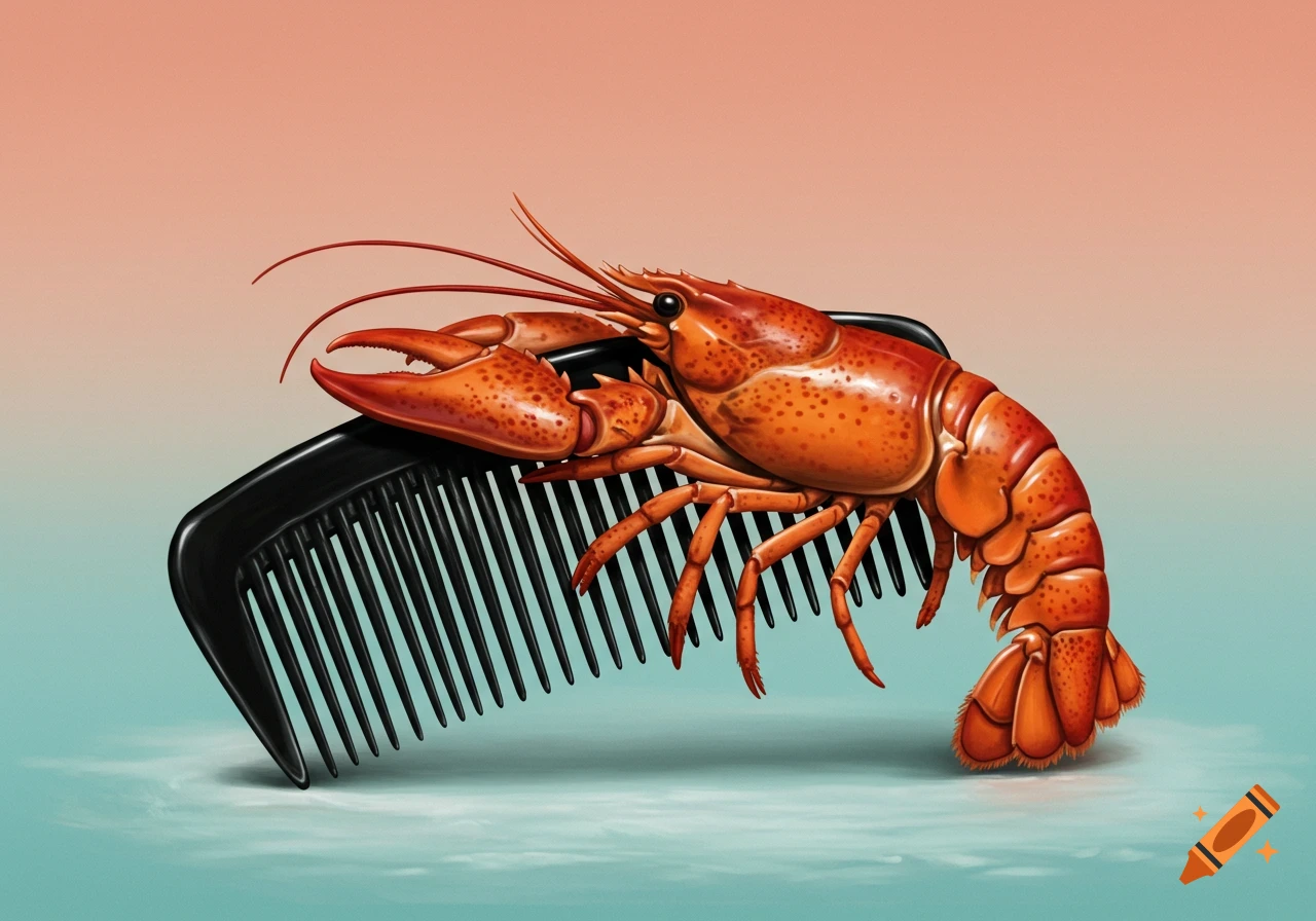 An illustrative image of a bright orange lobster resting on a black comb, set against a peach and blue gradient background.