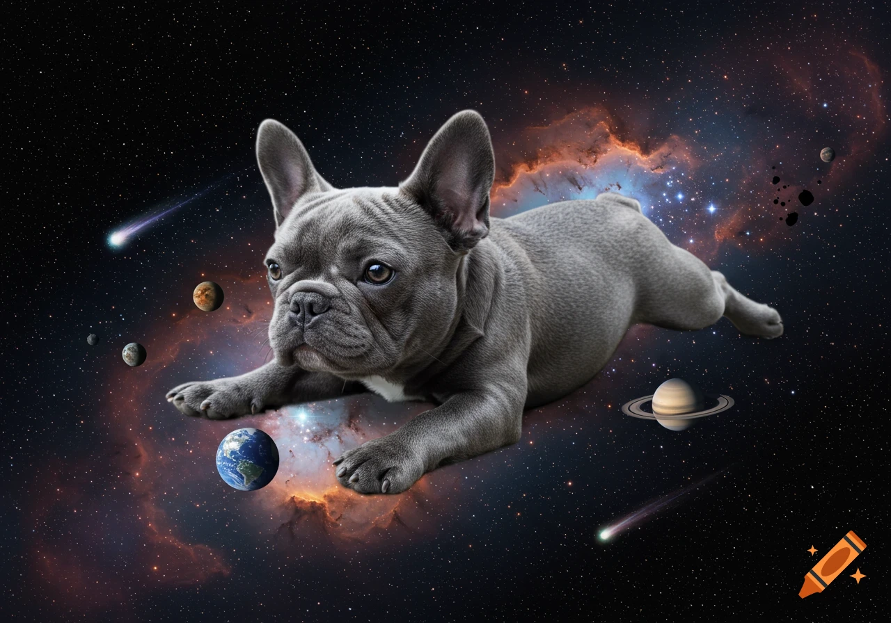 A photorealistic gray French bulldog lies in deep space, surrounded by planets, stars, nebulae, and comets.