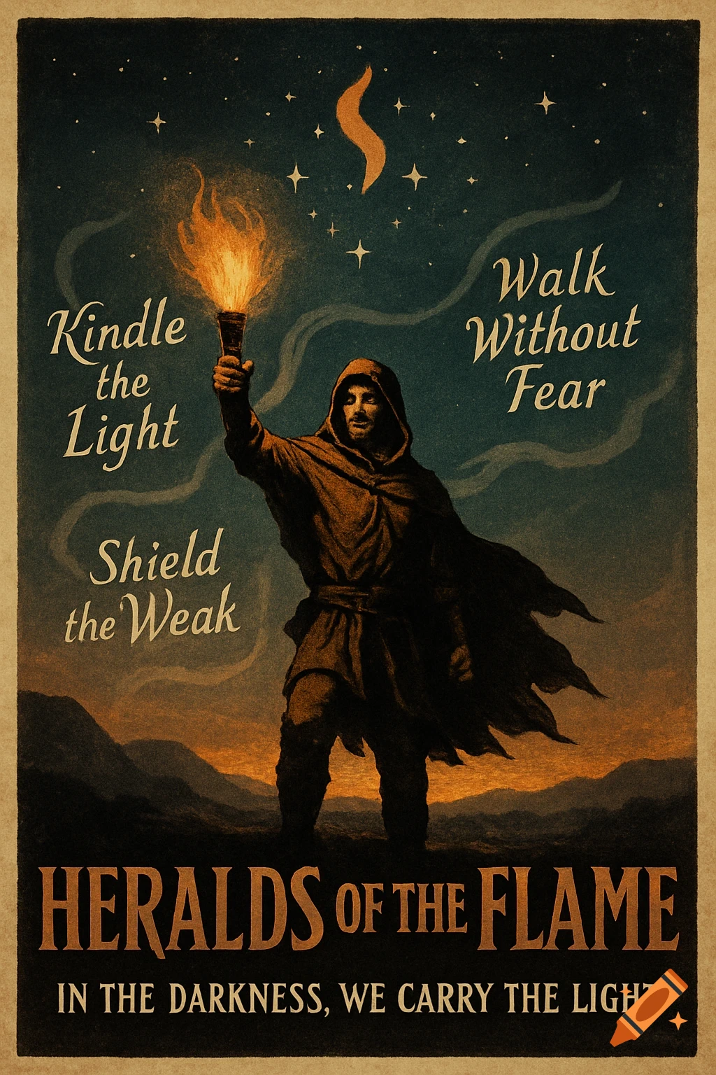 A vintage fantasy poster with a hooded figure holding a torch against a starry sky. Text: "Kindle the Light," "Heralds of the Flame."