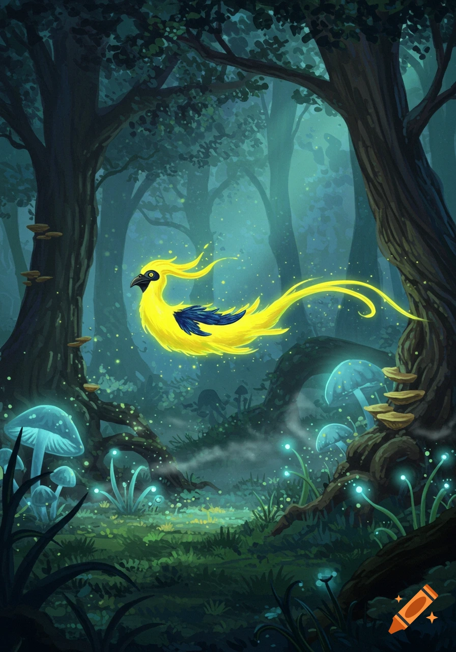A luminous yellow bird-like creature with dark blue wings flies through a mystical dark forest with glowing blue mushrooms and fireflies.