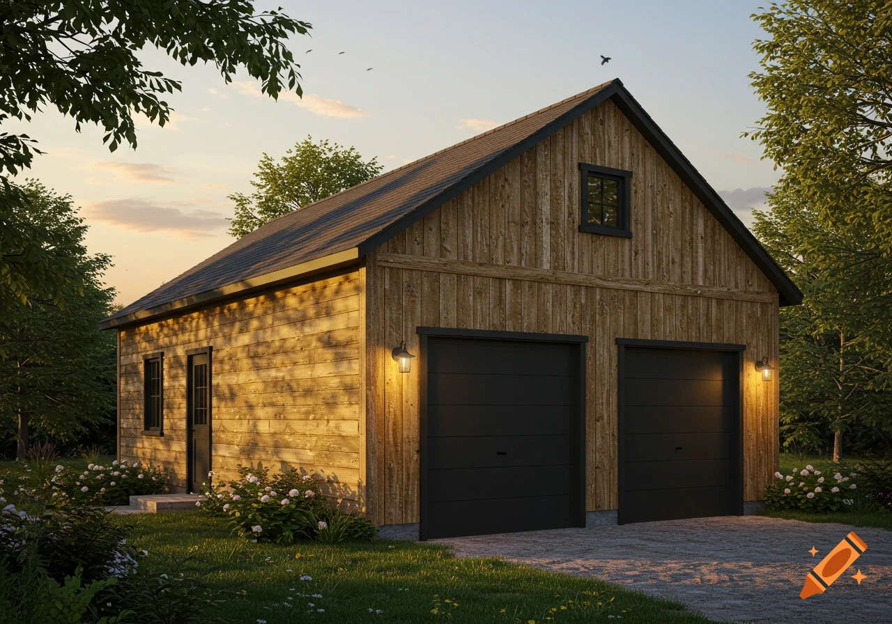 A rustic, honey-stained wooden garage with barn siding and two black garage doors at sunset.