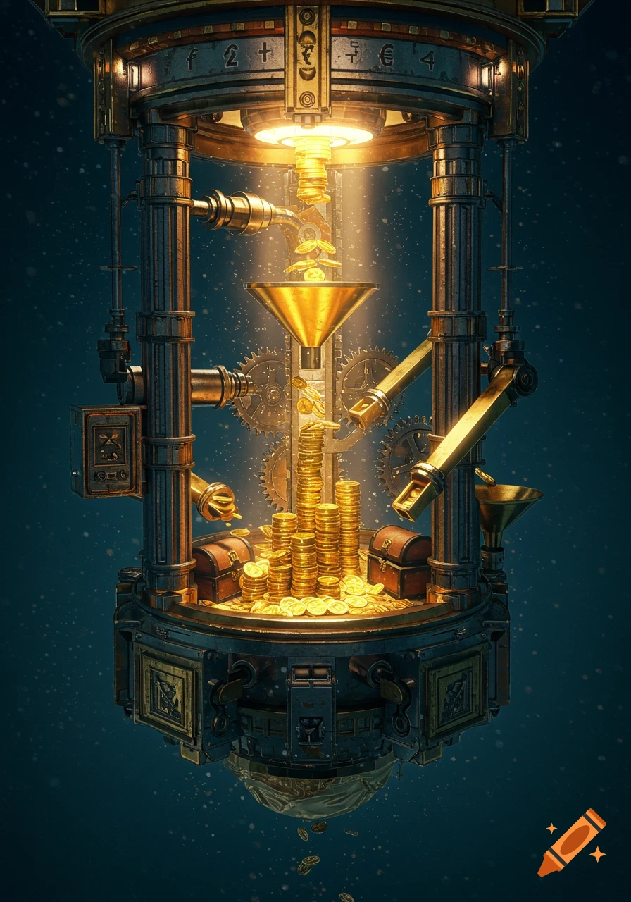 A detailed steampunk machine processing gold coins into piles and overflowing treasure chests, illuminated by a bright light.