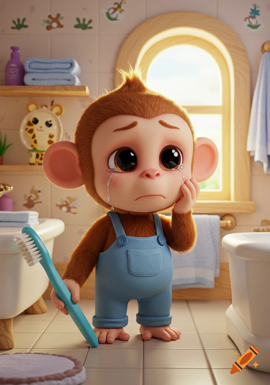 A cute 3D animated baby monkey in blue overalls cries while holding a toothbrush in a cozy bathroom.